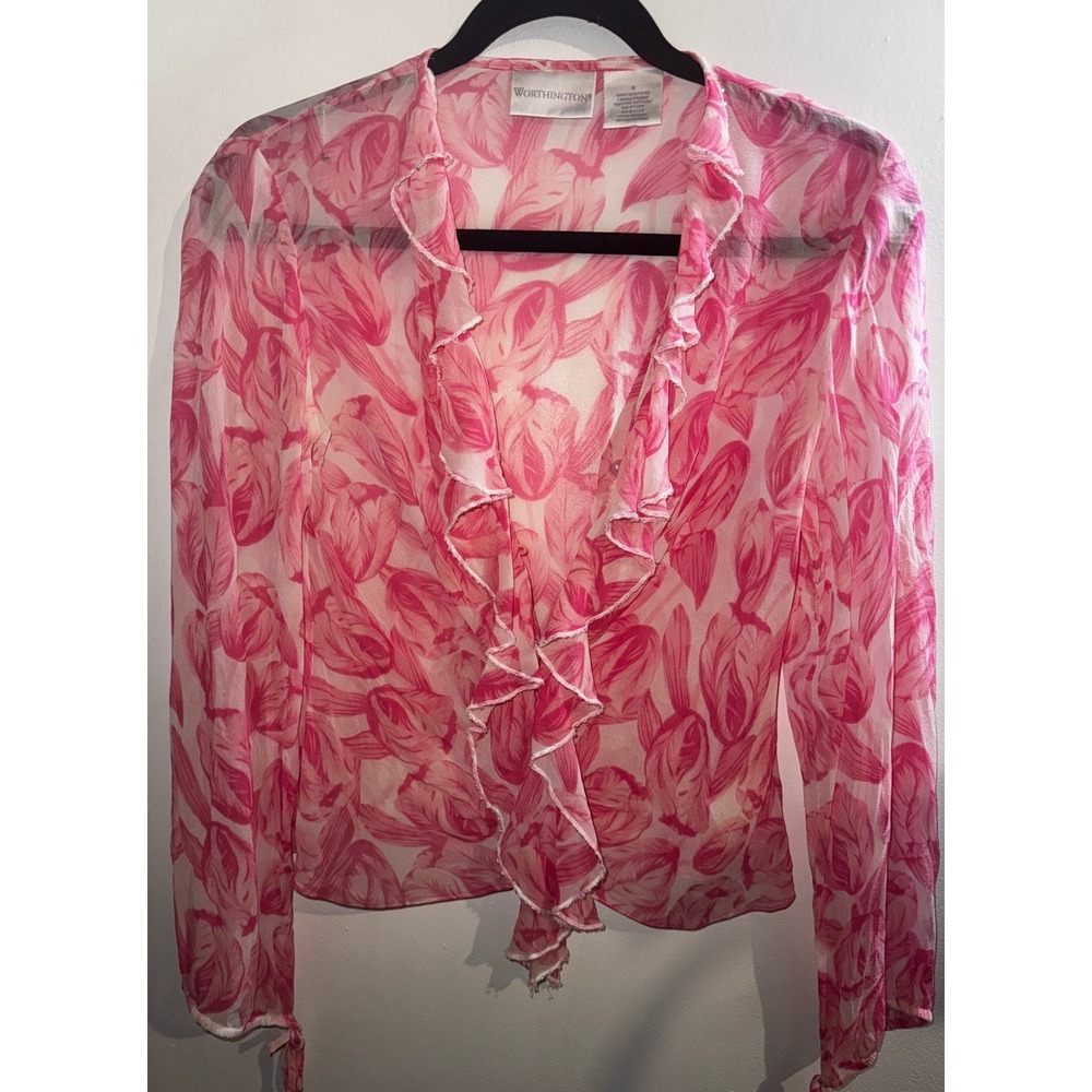Vtg Y2K Pink Floral 100% Silk Ruffle Blouse Sheer Beaded Trim Top Size 4 FLAW